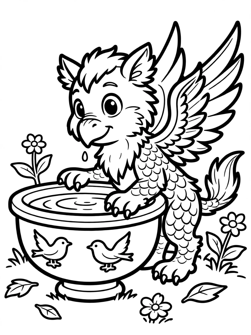 Griffin trying to fit into a bird bath for a wash