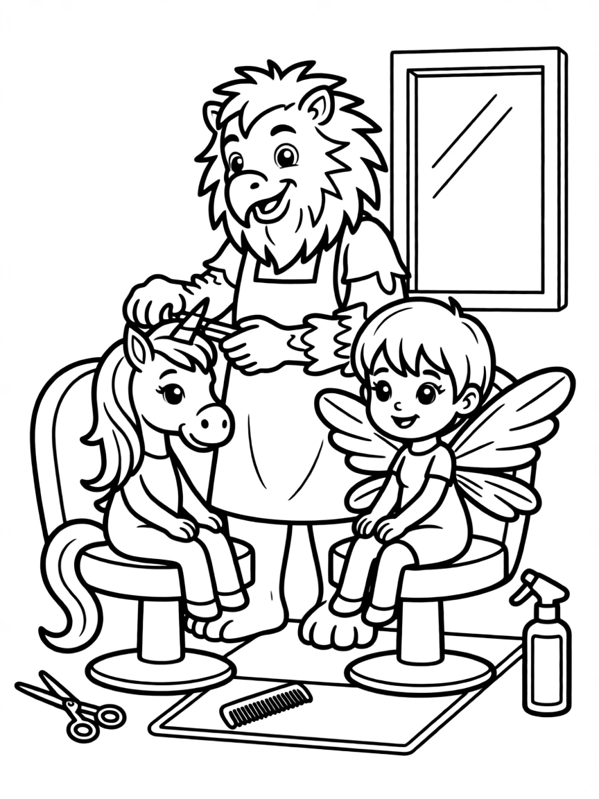 Griffin barber giving haircuts to other magical creatures