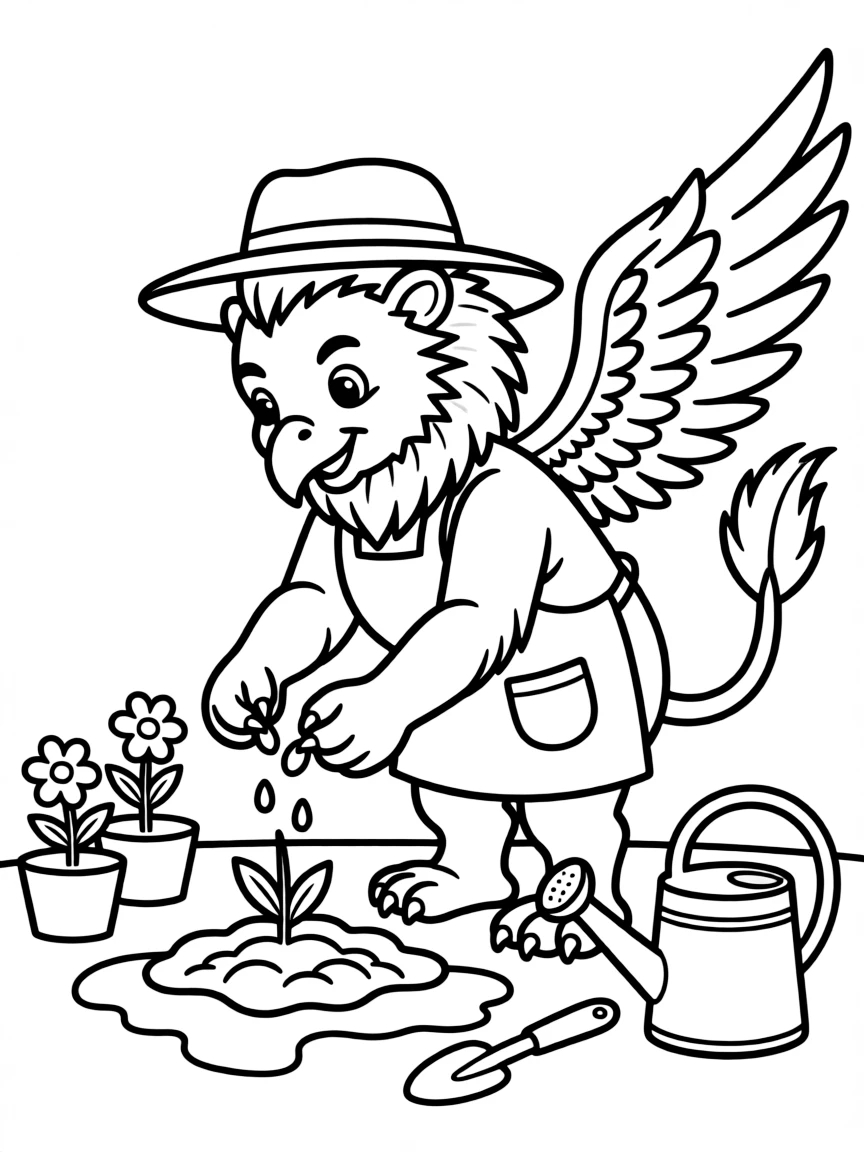 Griffin gardener planting seeds with its eagle claws