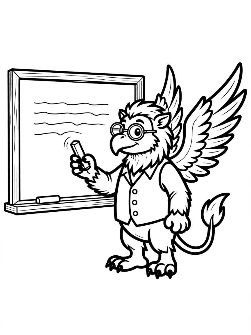 Griffin teacher at a blackboard with glasses perched on beak