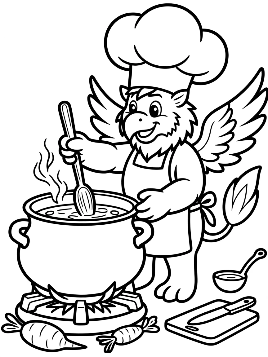 Griffin chef with oversized chef hat cooking stew