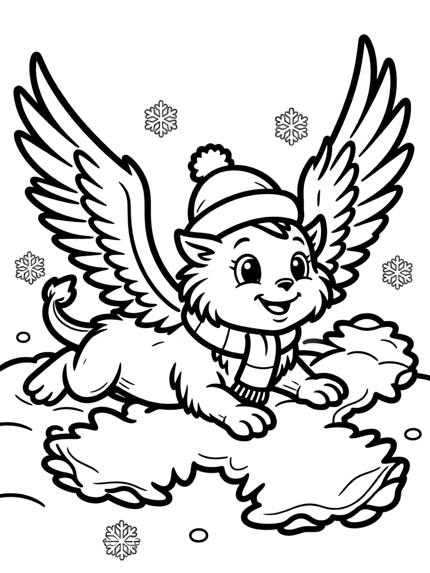 Winter griffin making snow angels with wings and paws