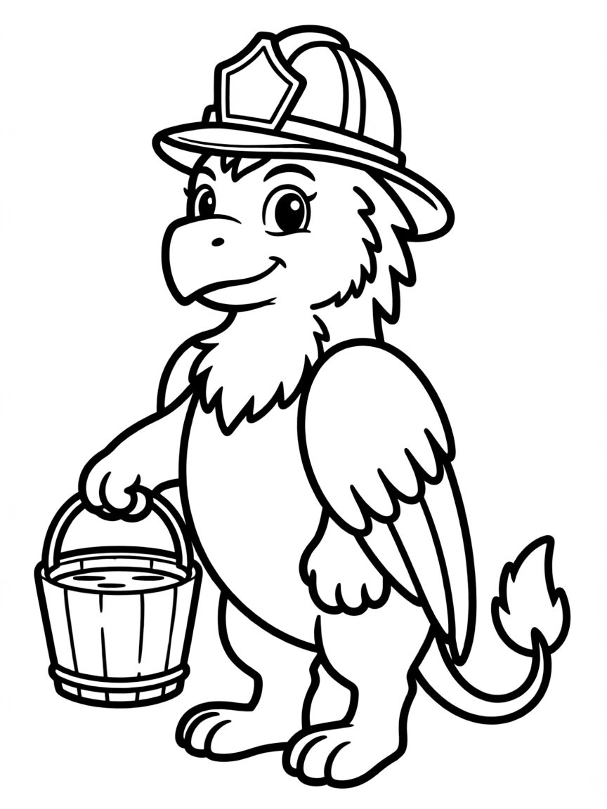 Griffin firefighter with helmet carrying water bucket