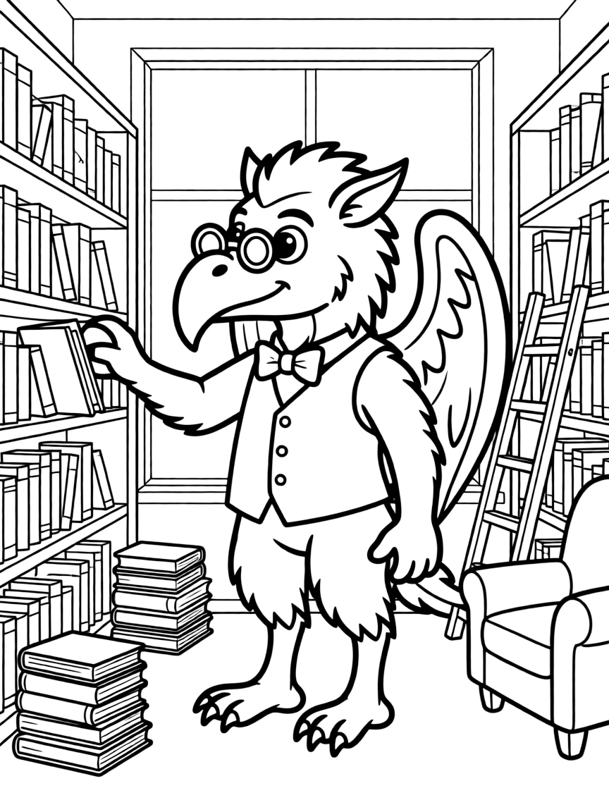 Griffin librarian organizing books with reading glasses