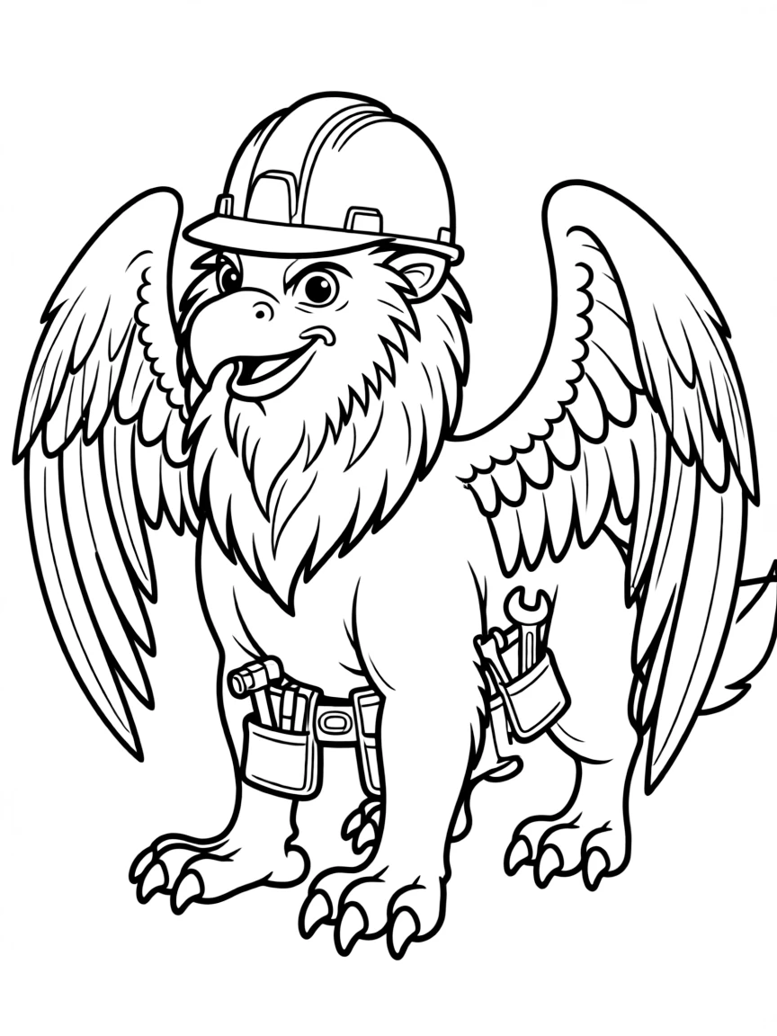 Griffin construction worker with hard hat and tool belt
