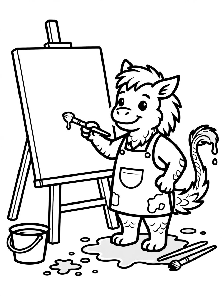 Griffin artist painting with tail dipped in paint