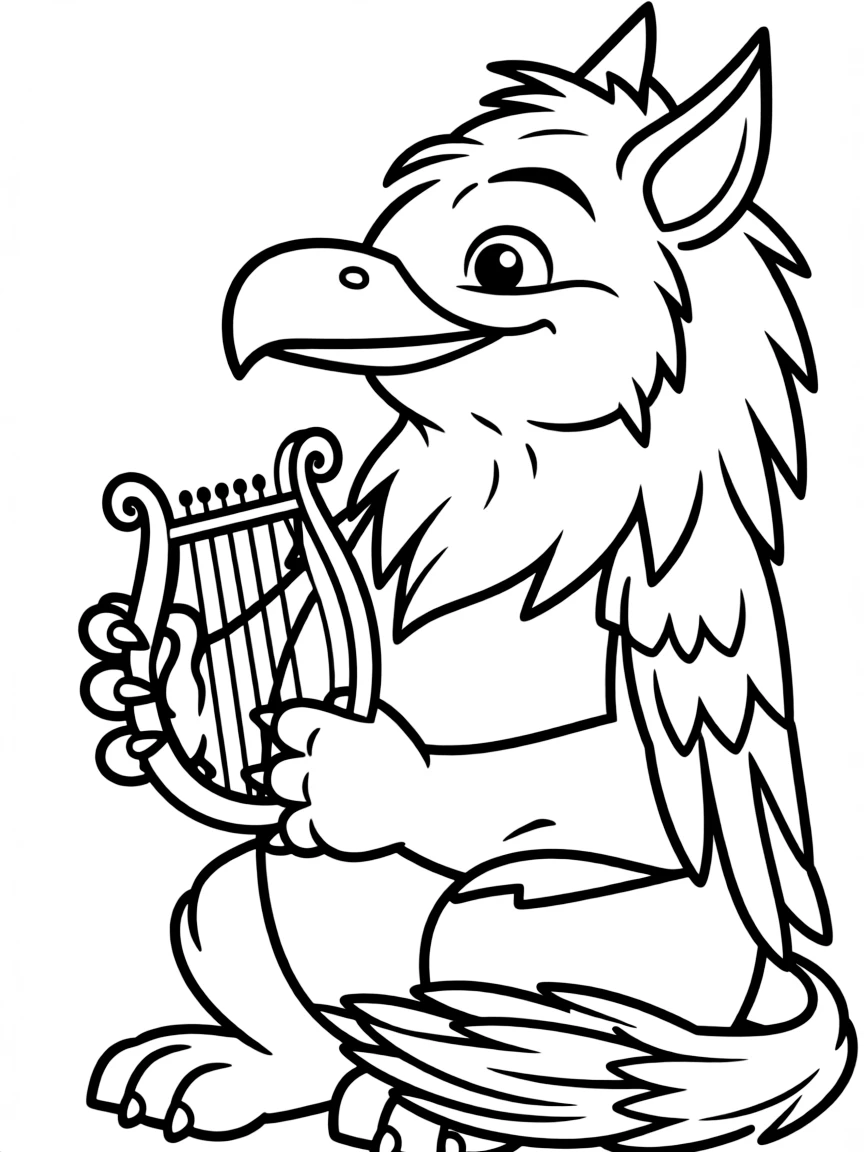 Griffin musician playing tiny harp with its claws