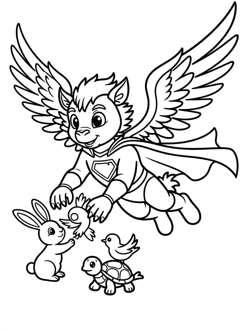 Griffin superhero with cape saving smaller creatures