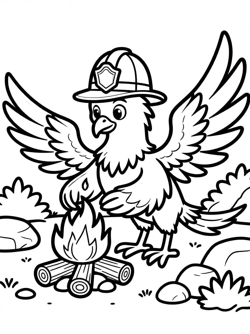 Phoenix in a firefighter hat helping put out campfire