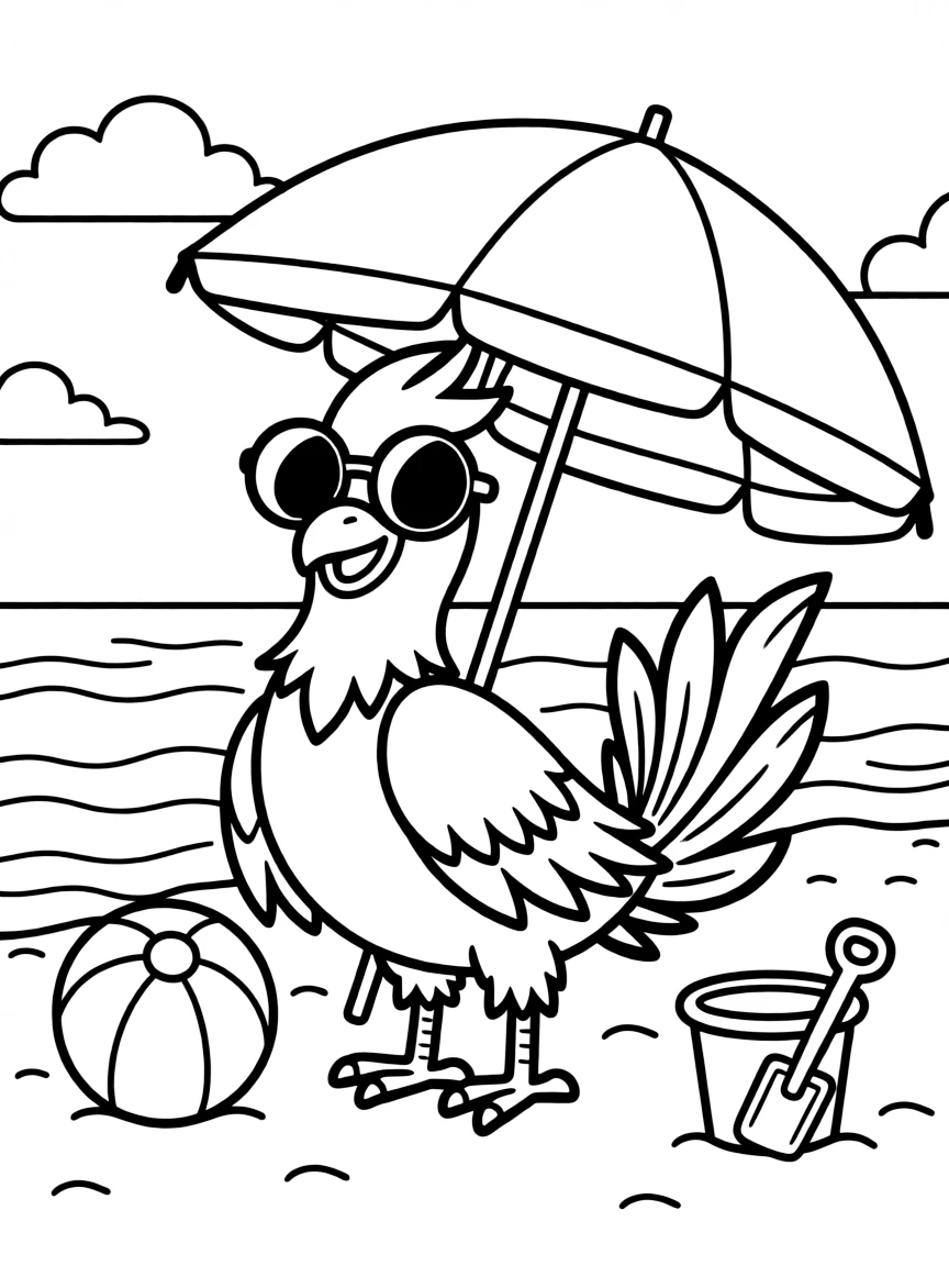 Phoenix wearing sunglasses at the beach under an umbrella