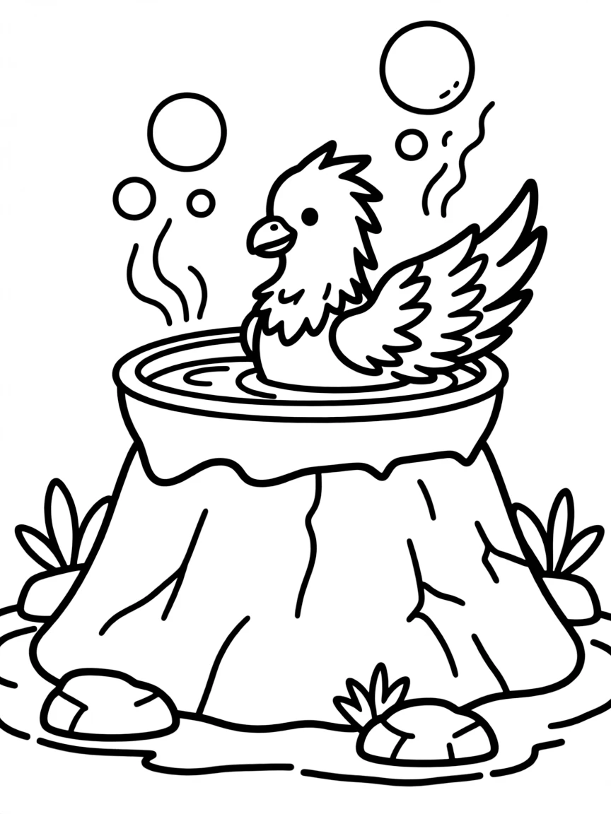 Phoenix having a bath in a volcano-shaped tub