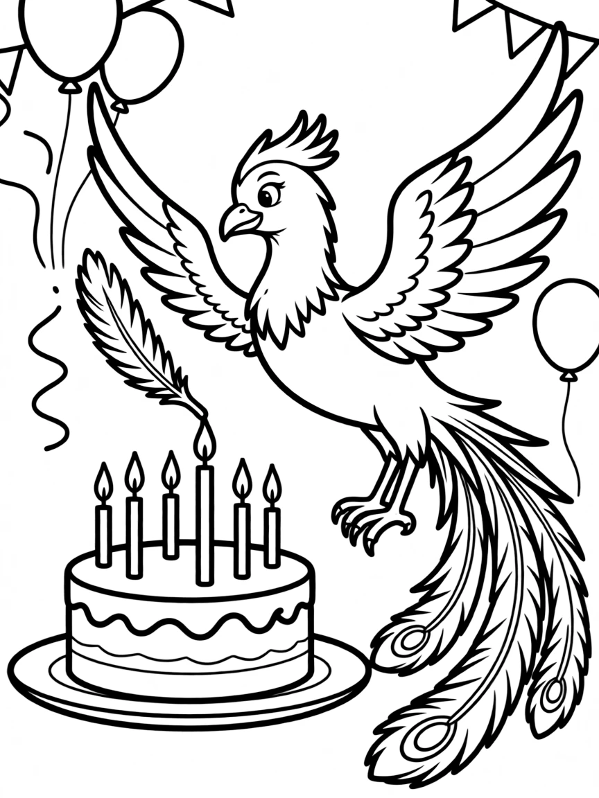 Phoenix lighting candles on a birthday cake with tail feather