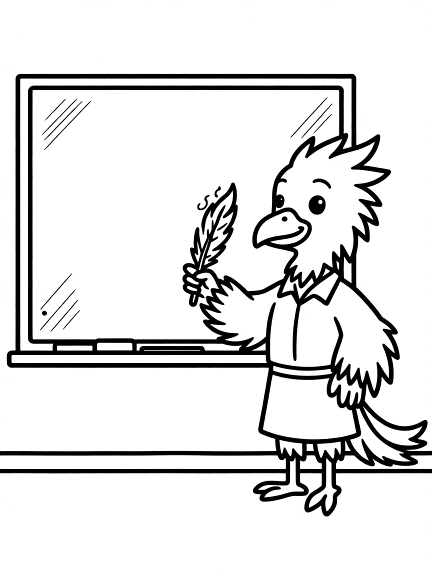 Phoenix teacher writing on chalkboard with flaming feather