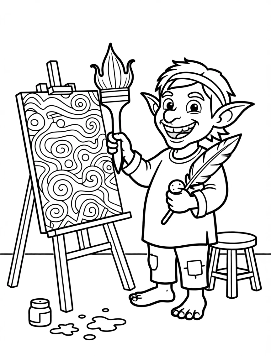 Goblin artist painting abstract art with unusual tools