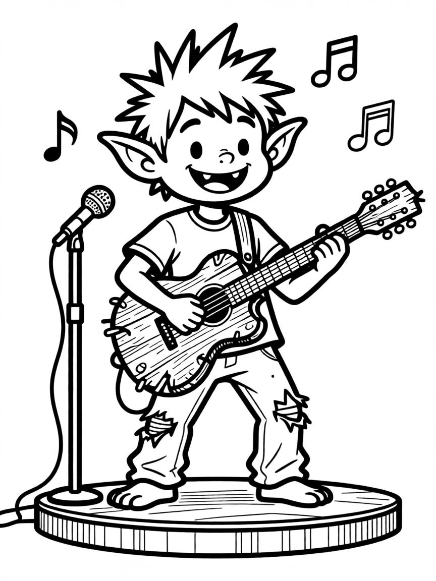 Rockstar goblin with wild hair playing homemade guitar