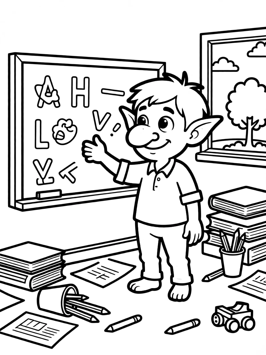 Goblin teacher with messy classroom and chalkboard