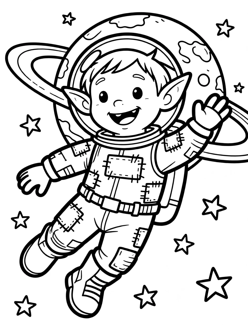 Goblin astronaut in patched-together space suit