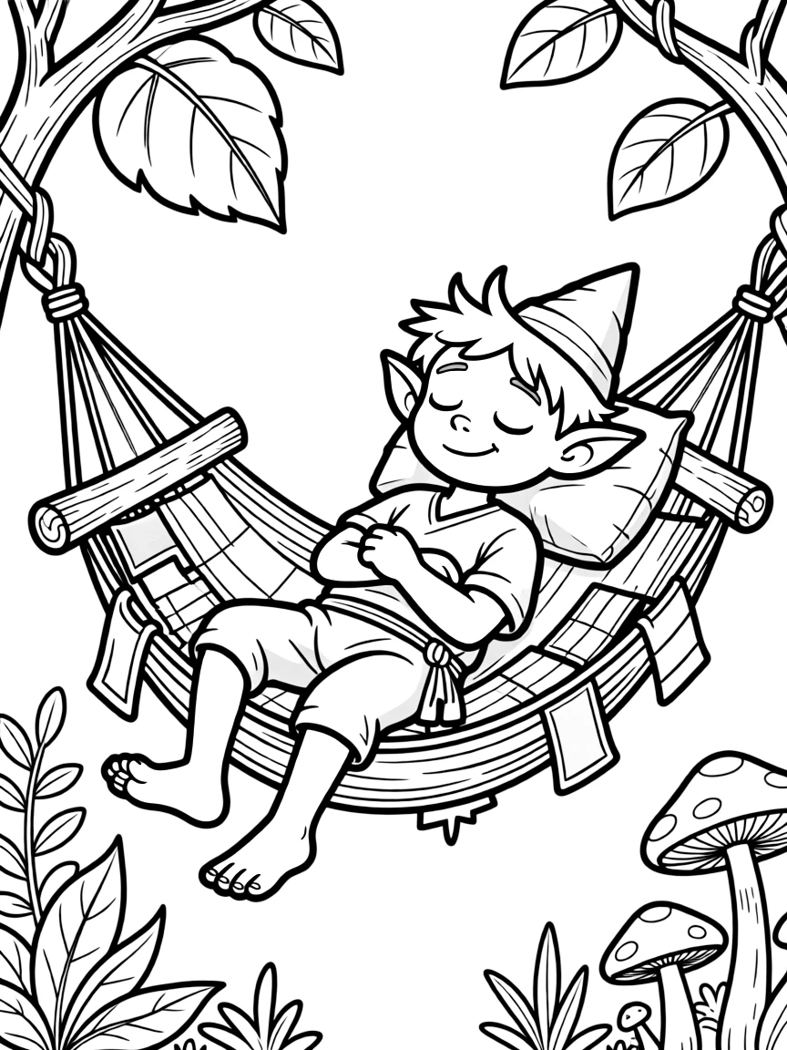 Sleepy goblin in a hammock made of odd materials