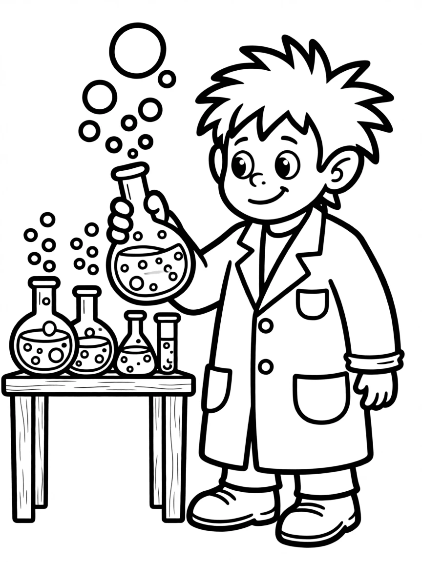 Goblin scientist with bubbling potions and mad hair