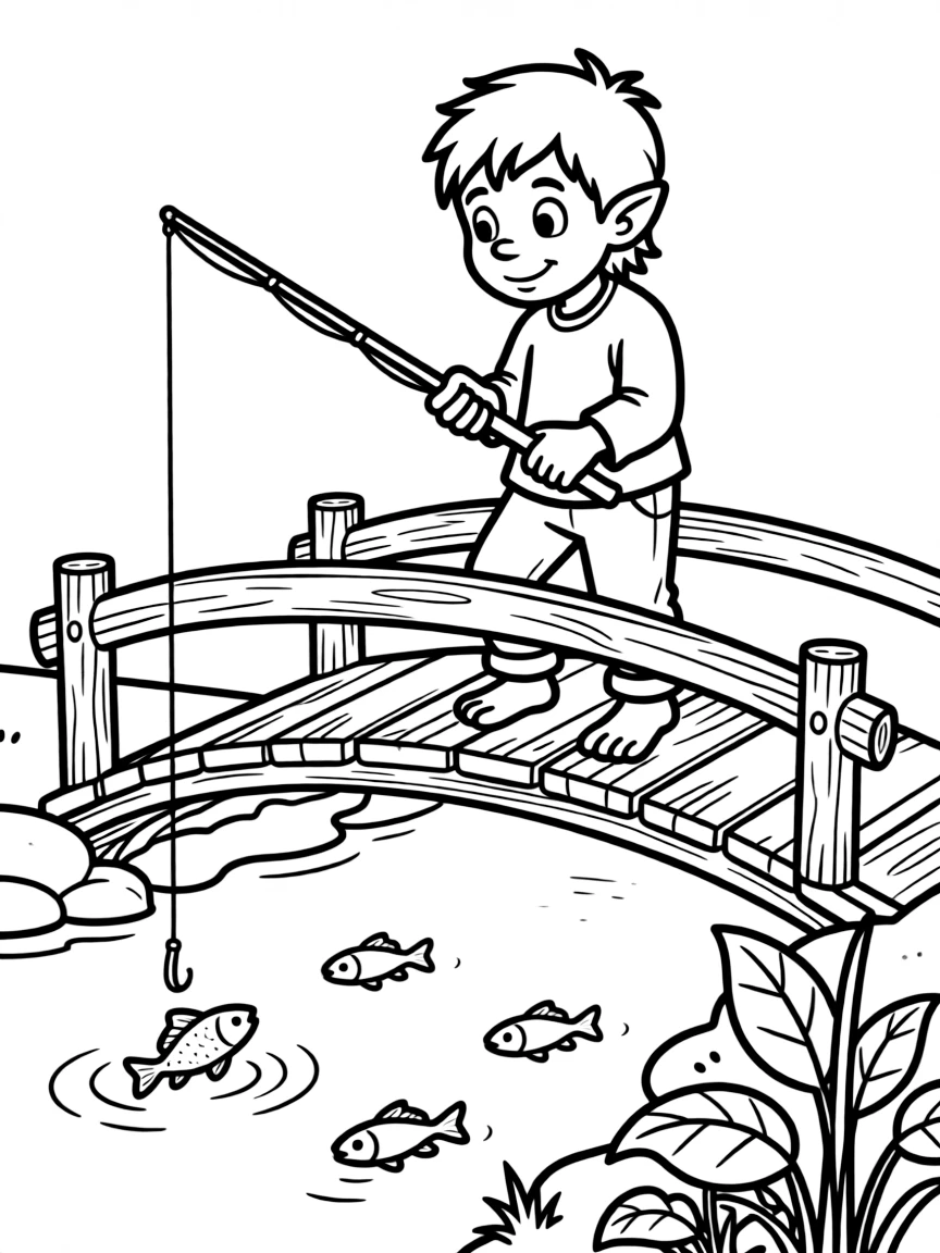 Bridge troll with fishing rod trying to catch fish