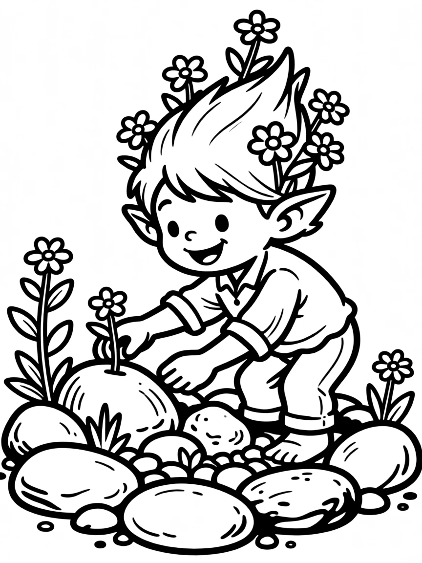 Gardener troll growing rock gardens with hair flowers