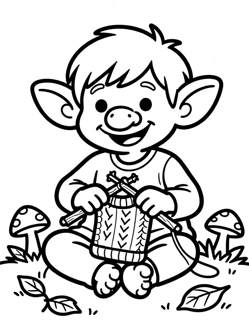 Troll knitting a sweater with tree branches as needles