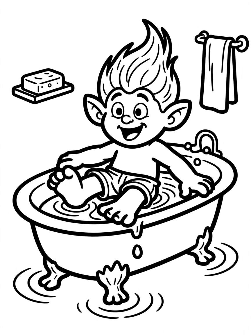 Troll trying to fit into too-small bathtub