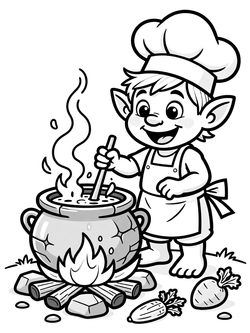 Chef troll making stone soup in a cauldron