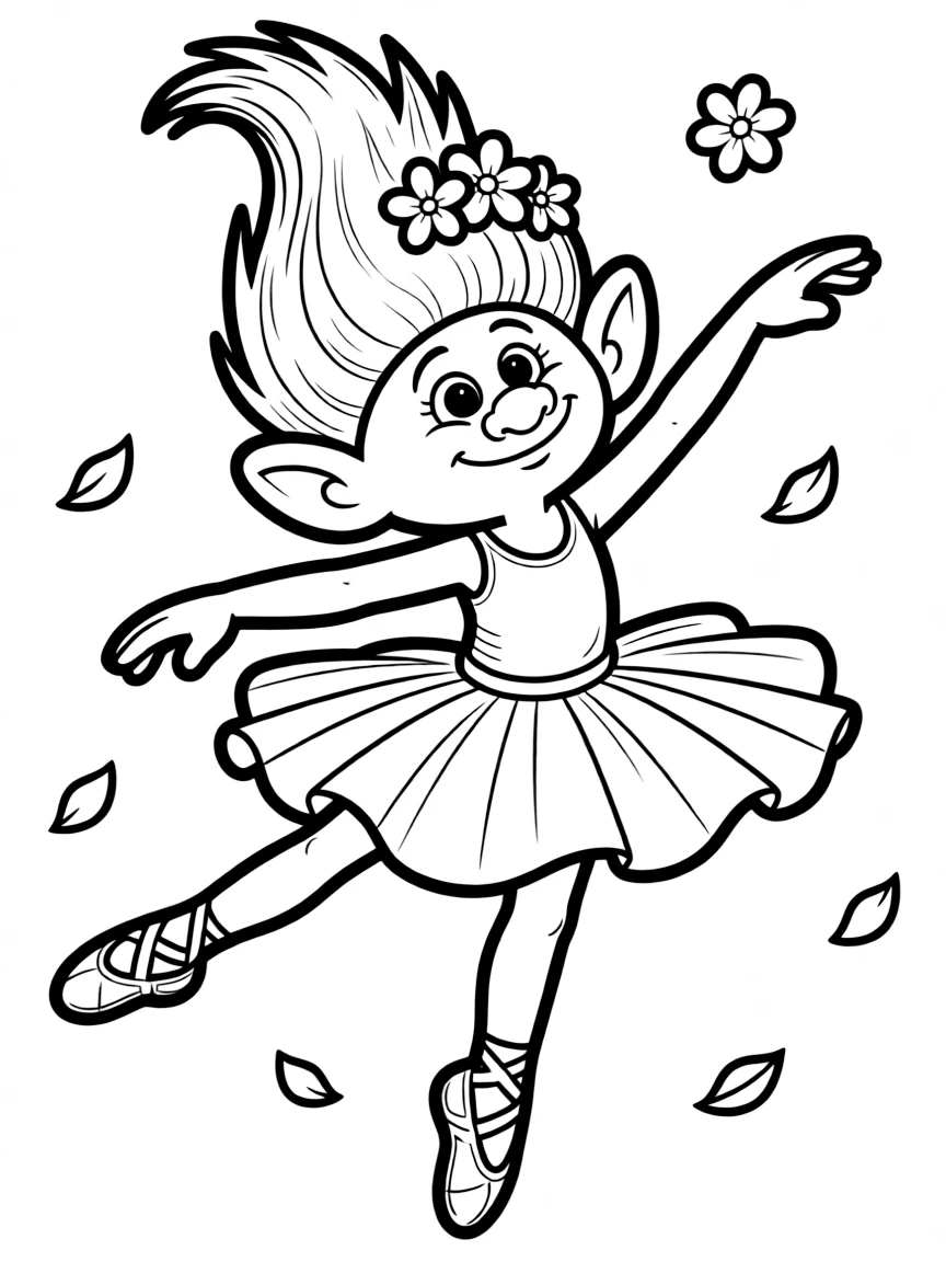 Troll wearing flowers in its hair doing ballet poses