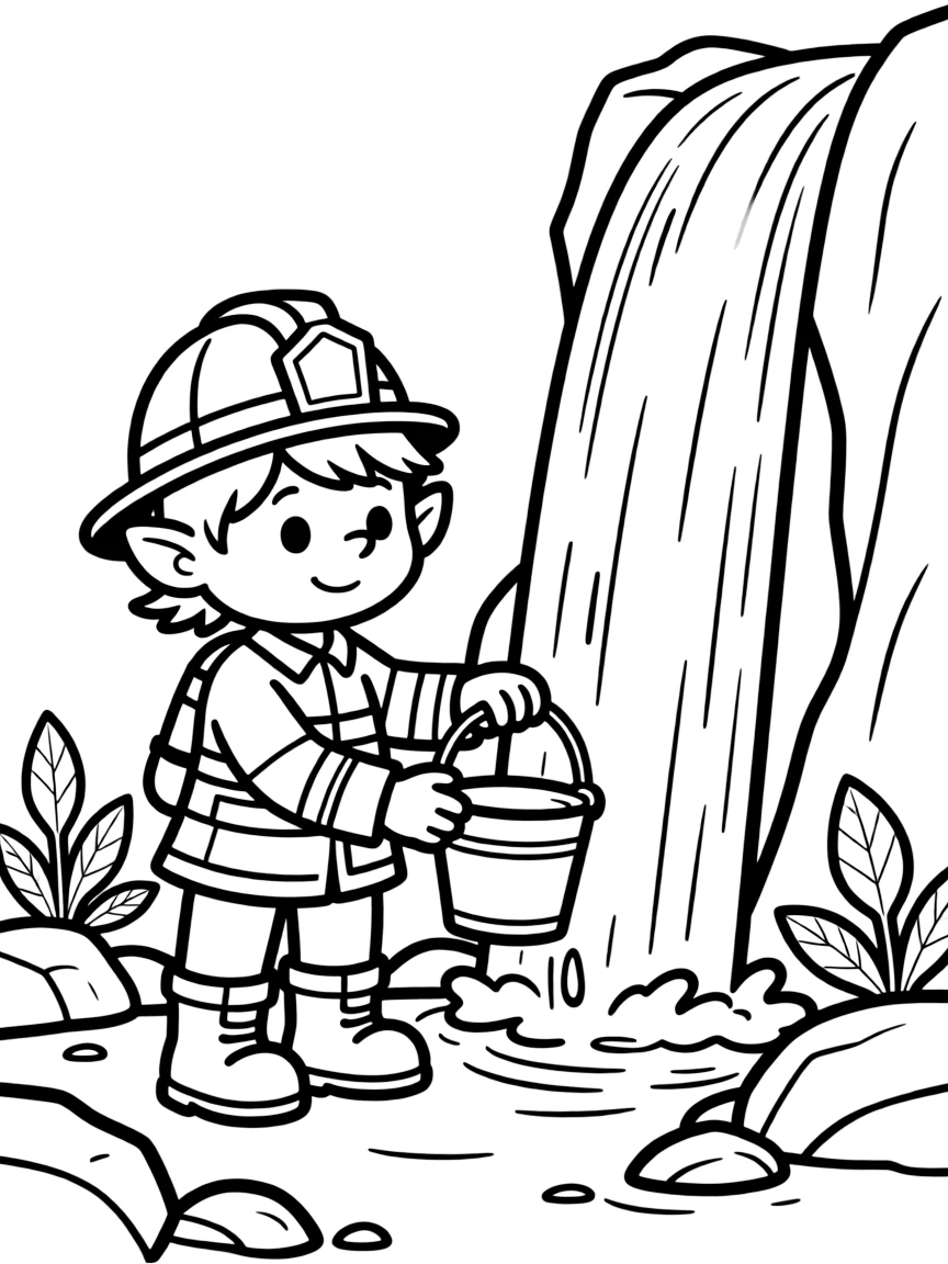 Troll firefighter using waterfall to fill bucket