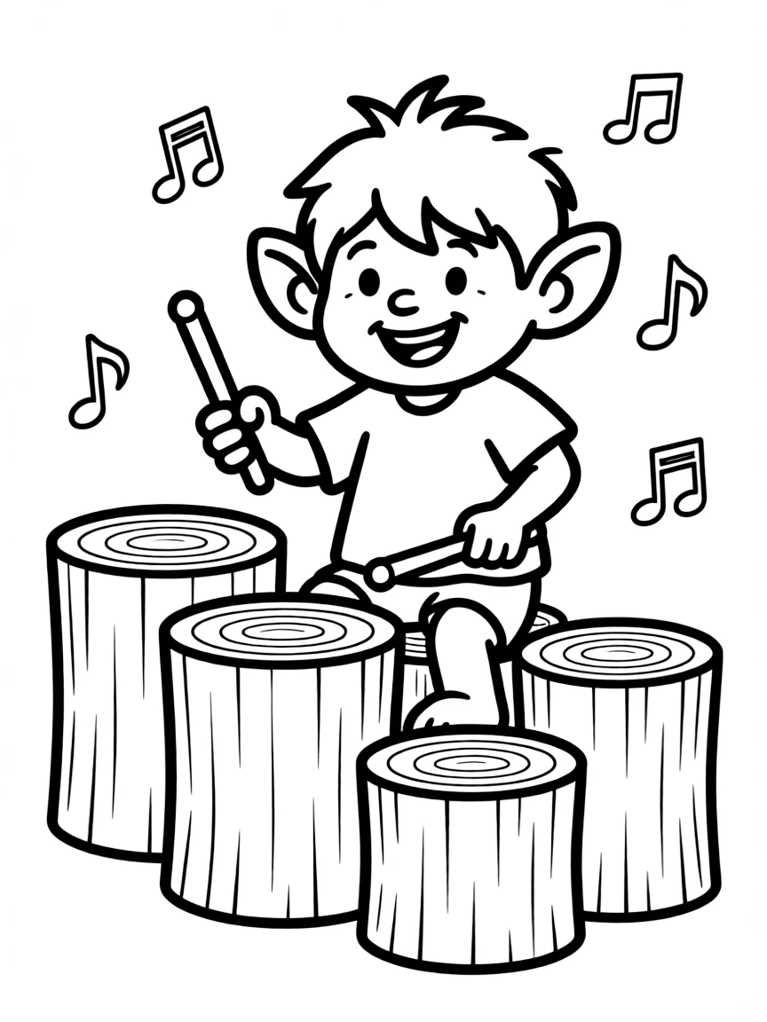 Musician troll playing drums on hollow logs