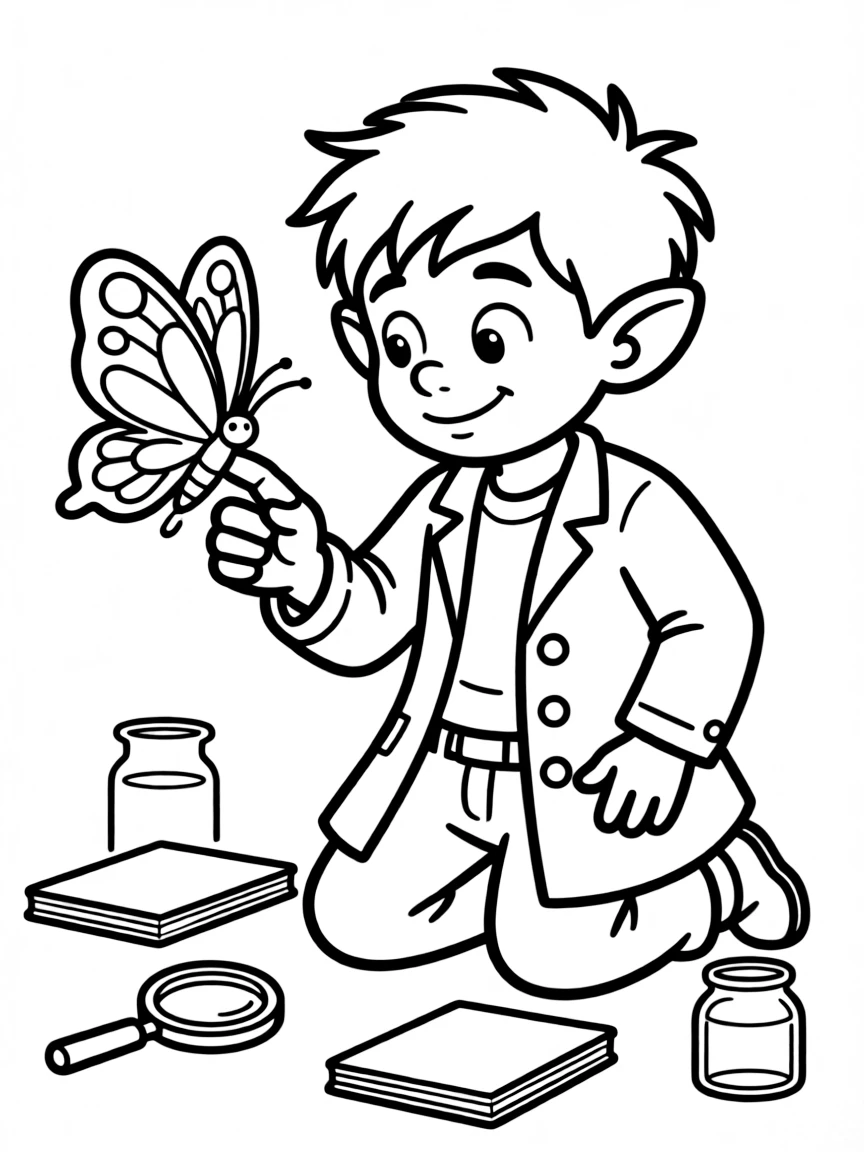 Troll scientist studying butterfly with gentle touch
