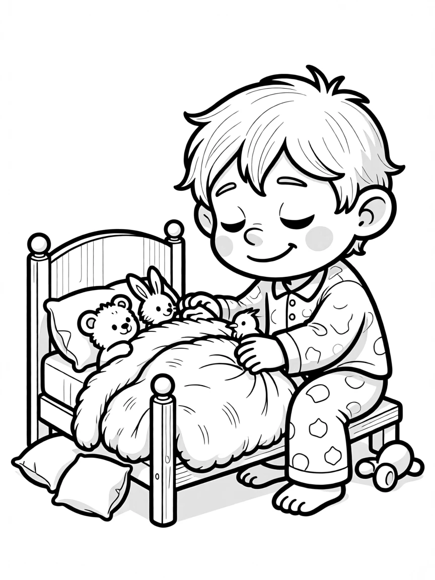 Sleepy troll tucking tiny creatures into bed