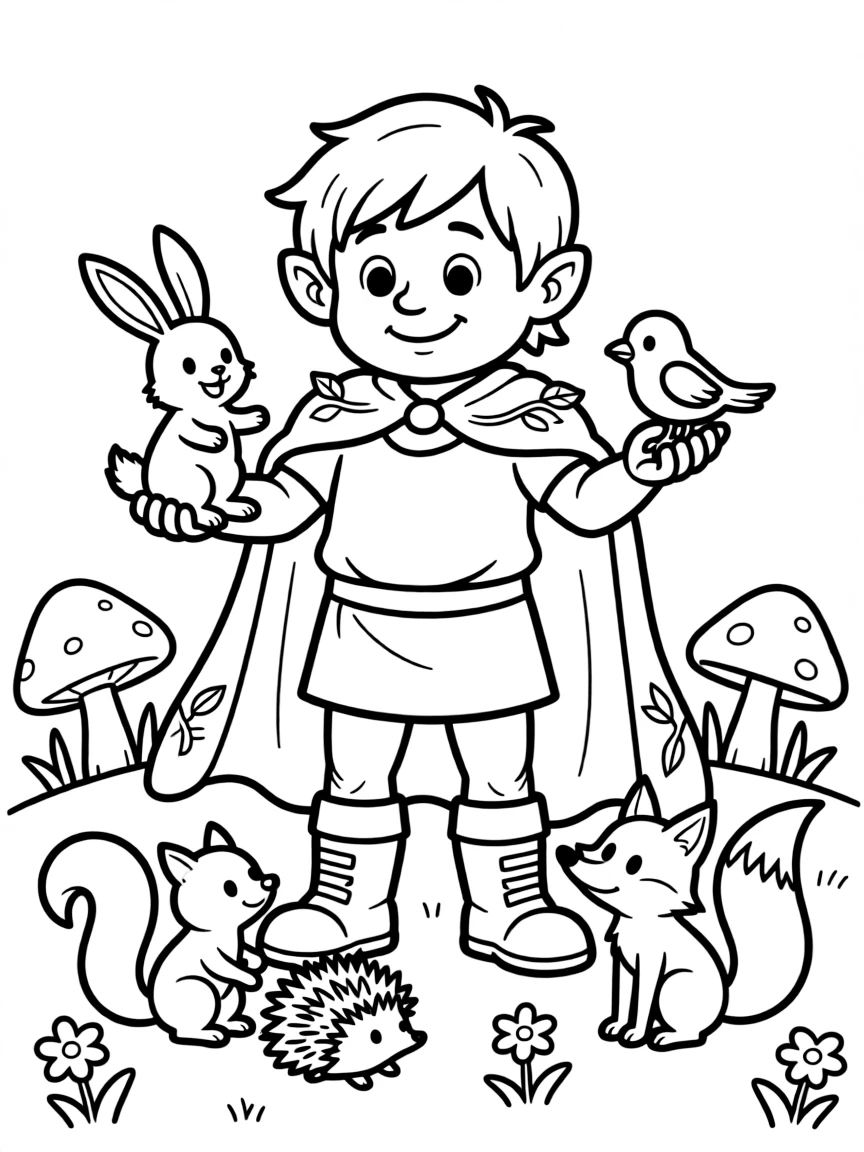 Troll superhero with moss cape saving small animals
