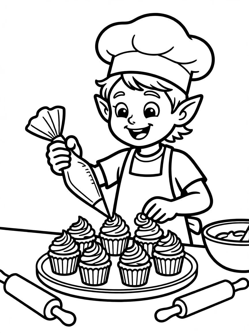 Baker elf decorating acorn cap cupcakes