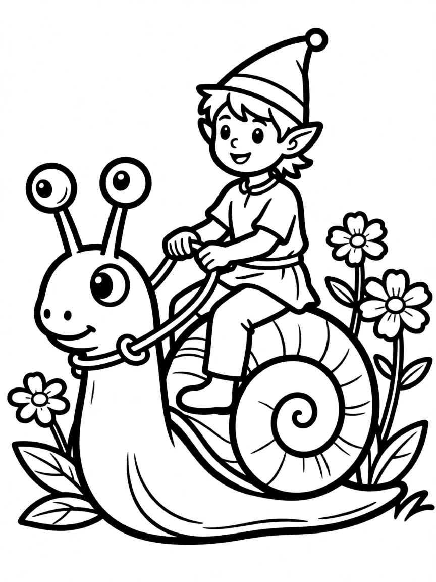 Gardener elf riding a snail like a horse