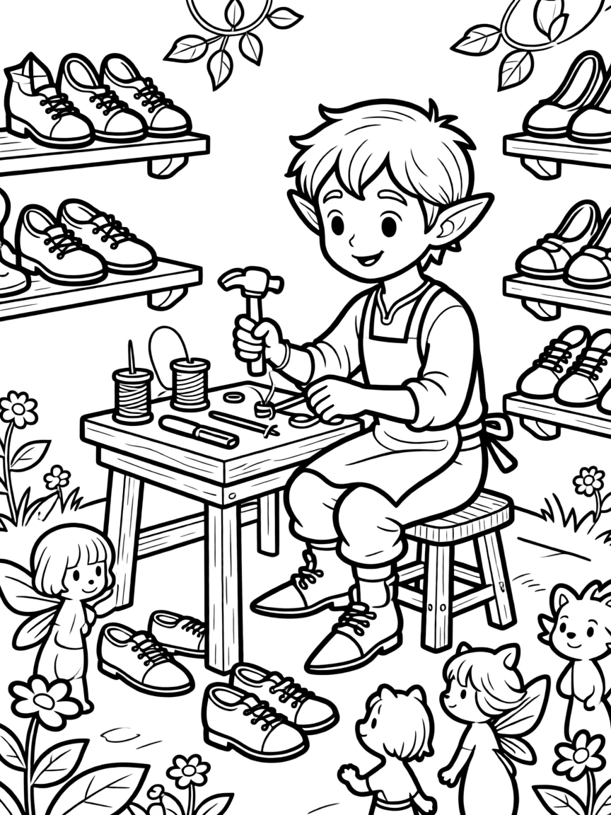 Cobbler elf making tiny shoes for other creatures 