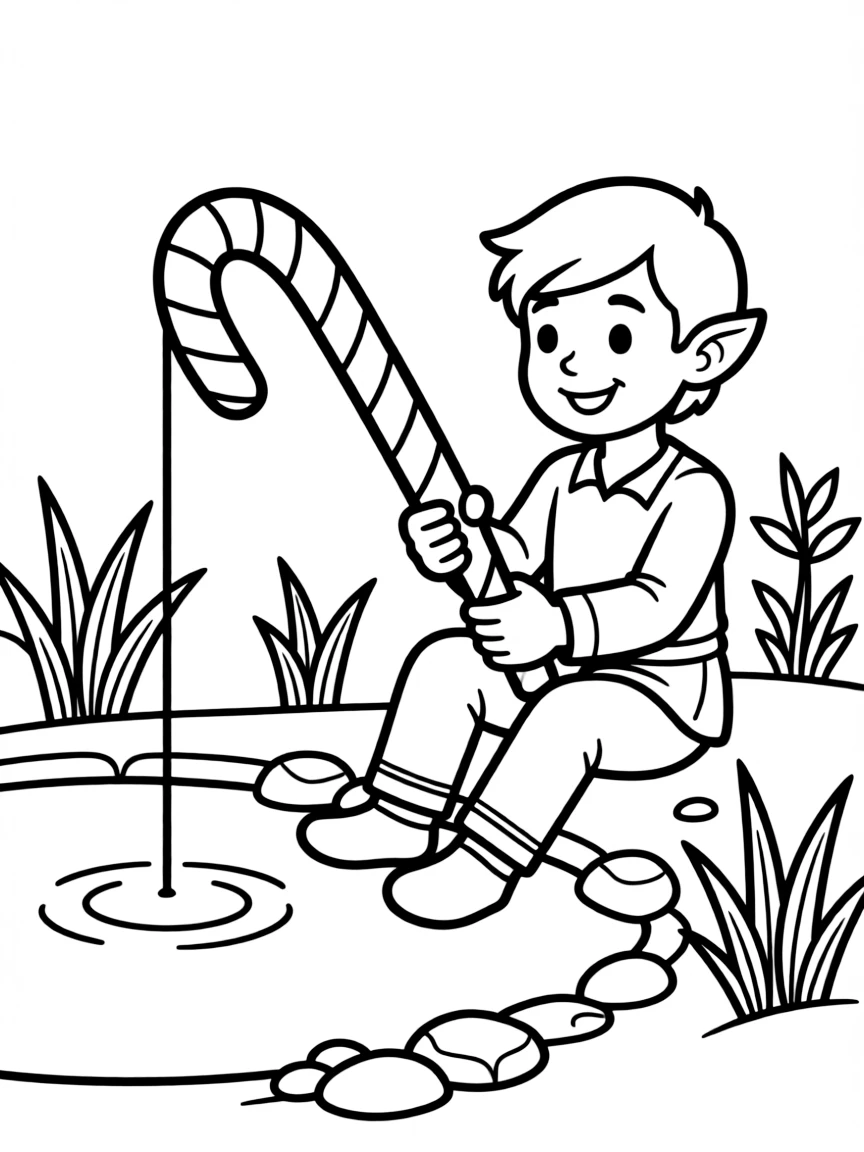 Elf fishing with a candy cane fishing rod