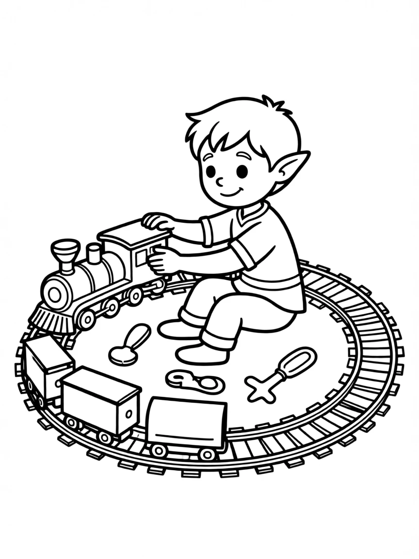 Toymaker elf testing a toy train set