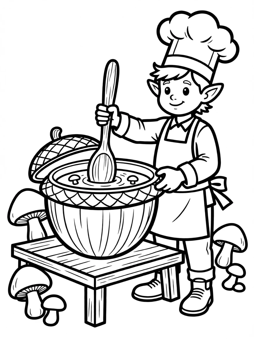 Chef elf cooking mushroom soup in acorn pot
