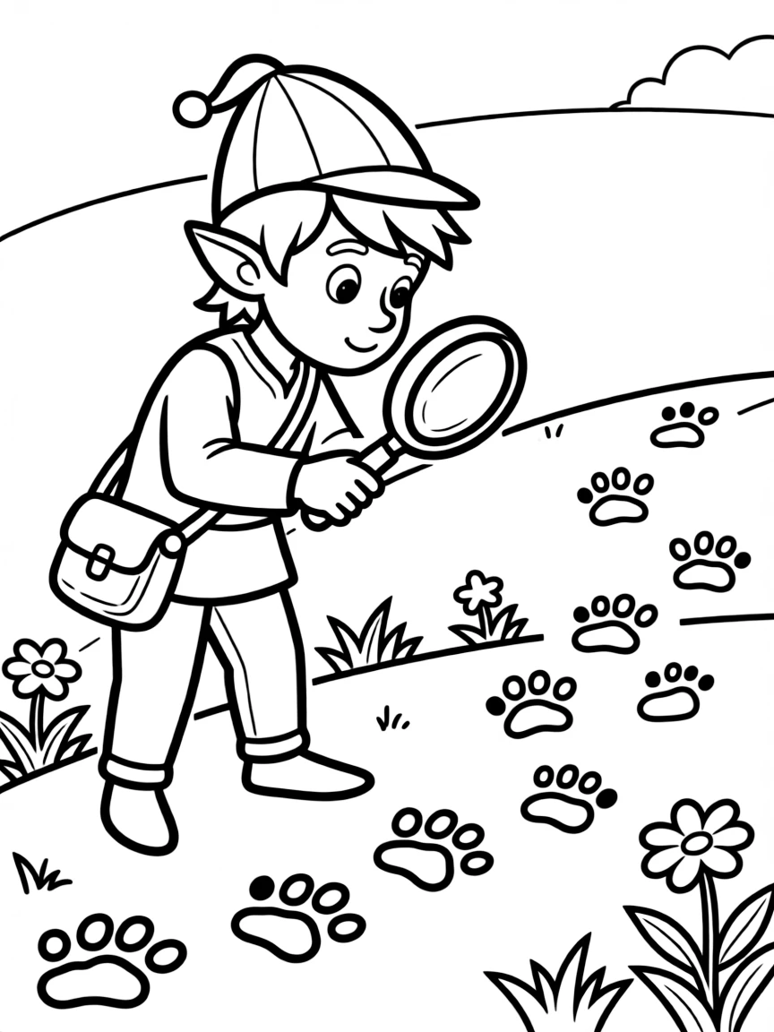 Elf detective with magnifying glass following footprints