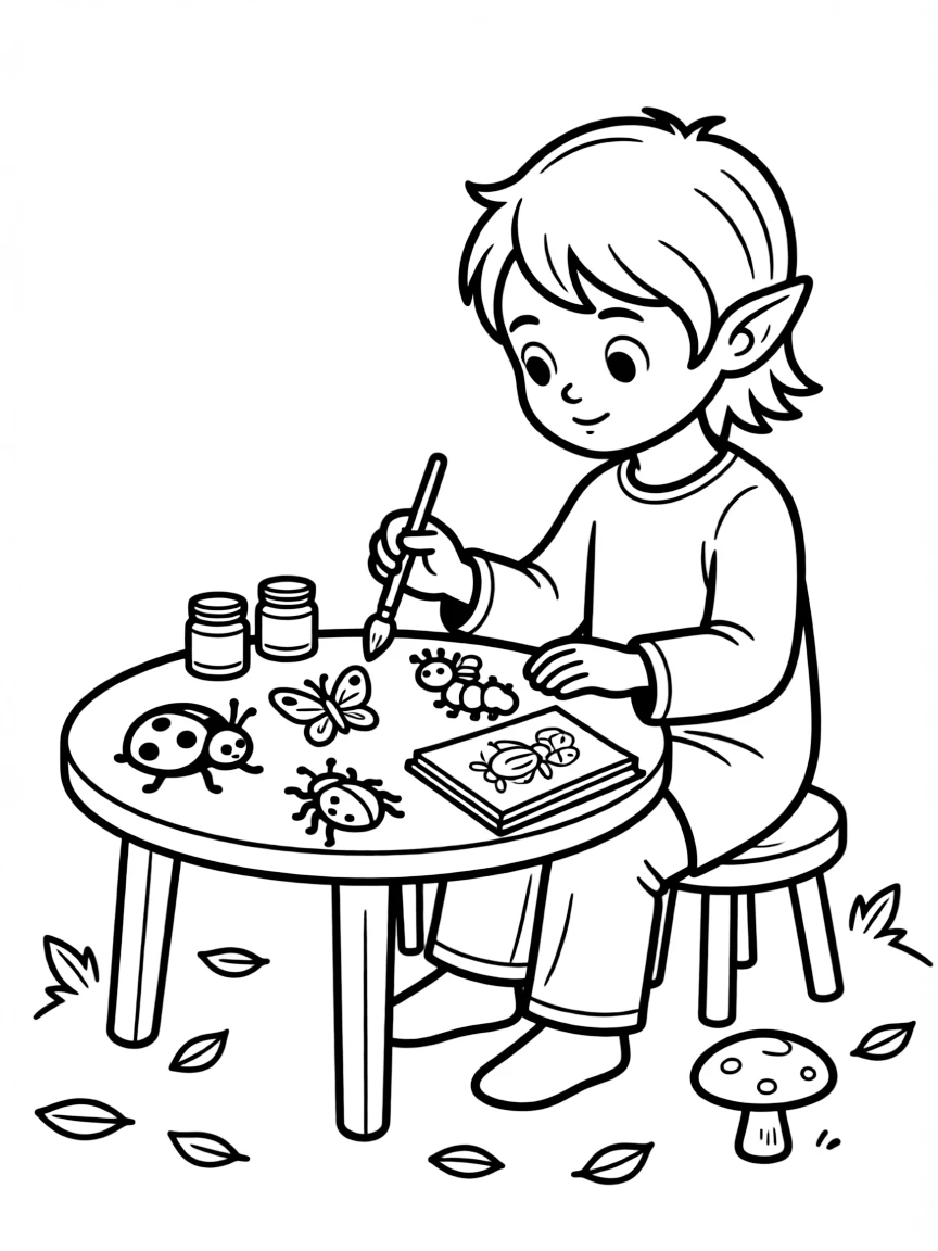 Artist elf painting miniature portraits of bugs