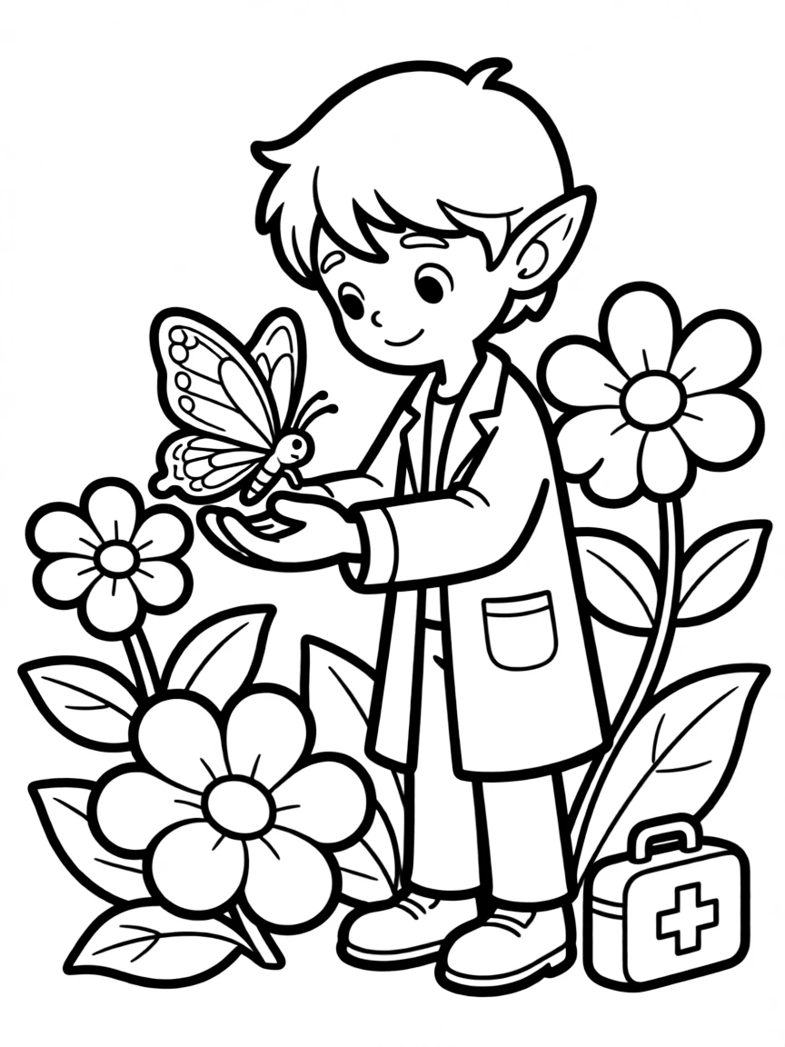 Elf doctor treating a wounded butterfly