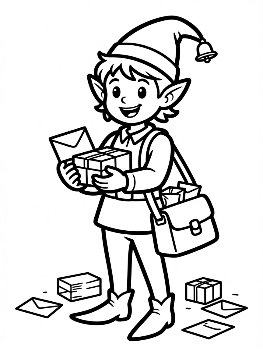 Mail carrier elf with tiny letters and parcels