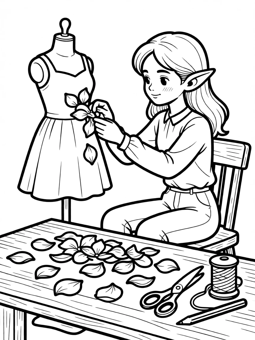 Fashion designer elf creating outfits from flower petals