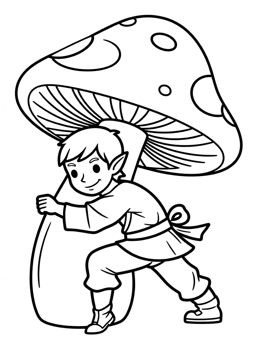 Ninja elf practicing stealth moves behind a mushroom