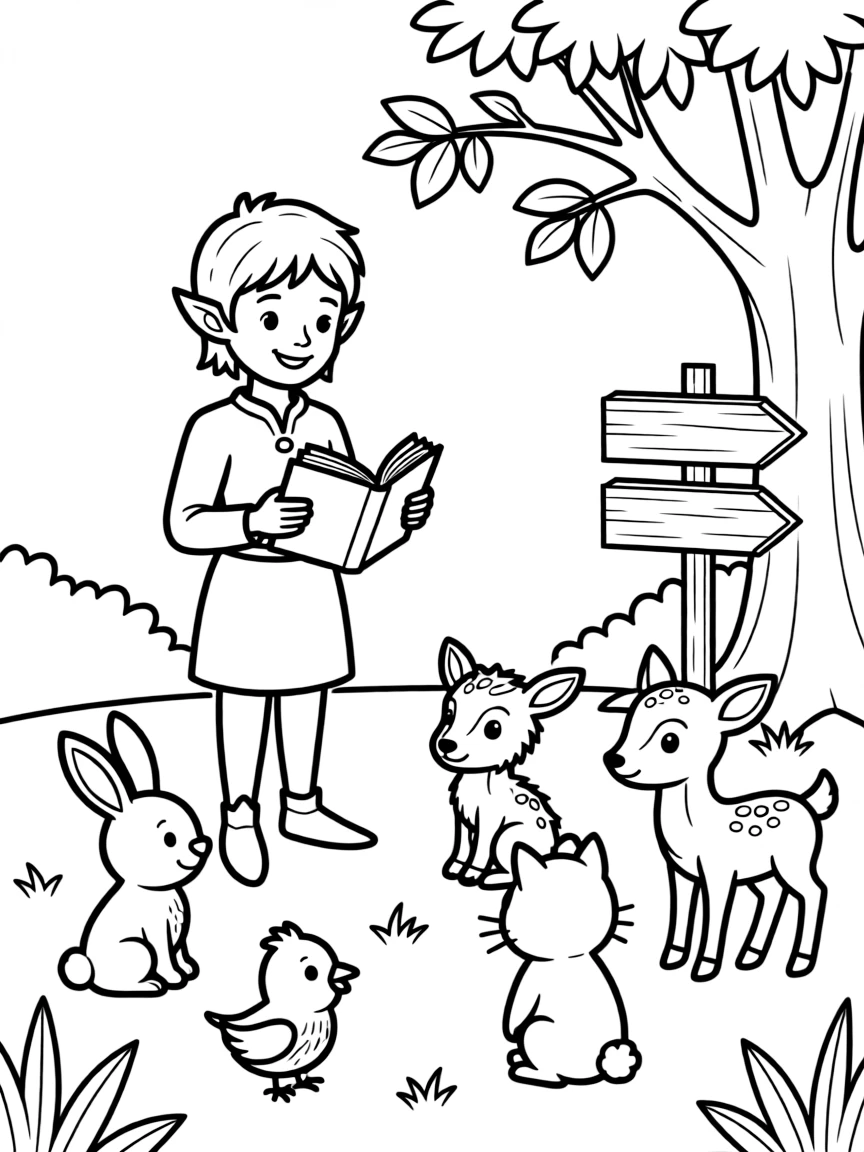 Teacher elf giving lessons to baby animals