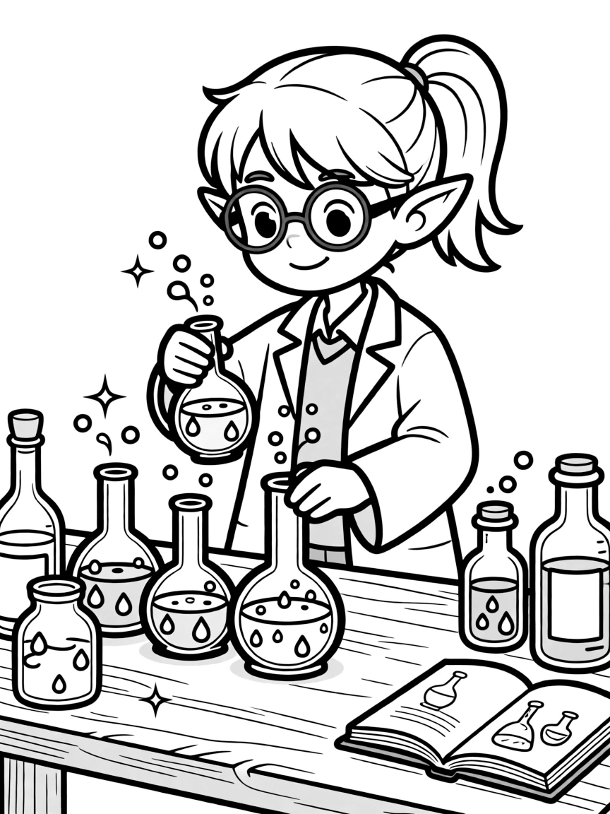 Scientist elf mixing dewdrop potions