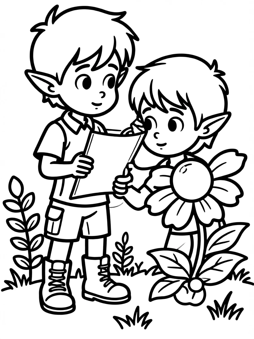 Explorer elf with map and compass discovering a new flower