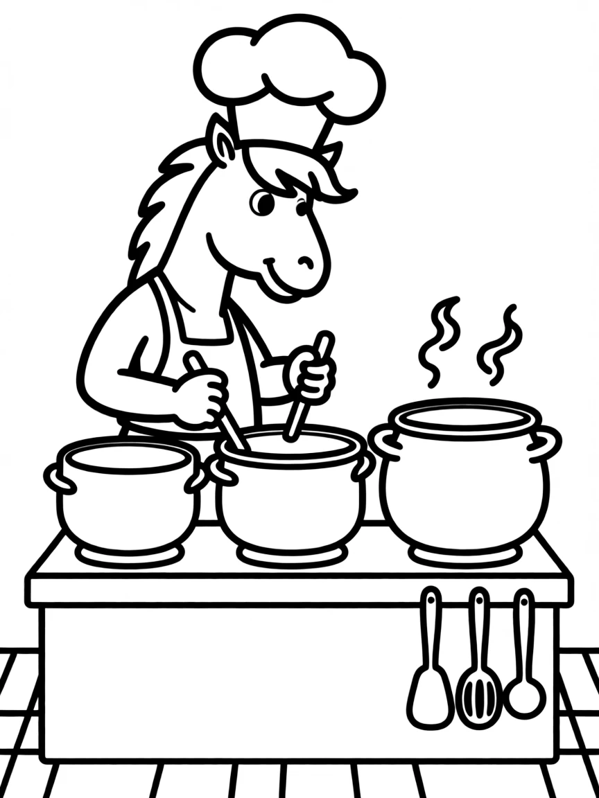 Centaur chef in tall hat stirring multiple pots